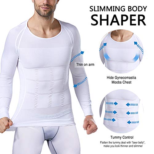 NonEcho Men's Body Shaper Slimming Shirt Compression Baselayer Long Sleeve T-Shirts Tank Top Shapewear - white - L