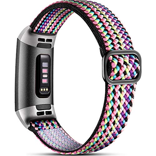 Dirrelo Stretchy Strap Compatible with Fitbit Charge 3 Strap/Fitbit Charge 4 Strap, Soft Adjustable Elastic Replacement with Stylish Pattern, Nylon Woven Sport Wristband for Women Men, Rainbow