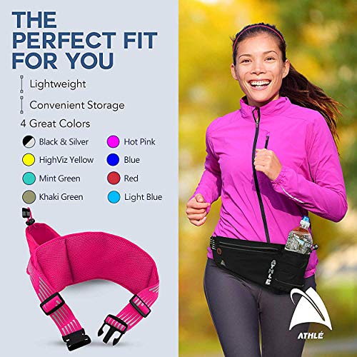 Athle Running Fanny Pack with Water Bottle Holder - Adjustable Run Belt Storage Pouch with Zipper Pocket For Sports and Travel – 360° Reflective Band – Fits iPhone Plus, Galaxy Note – Hot Pink