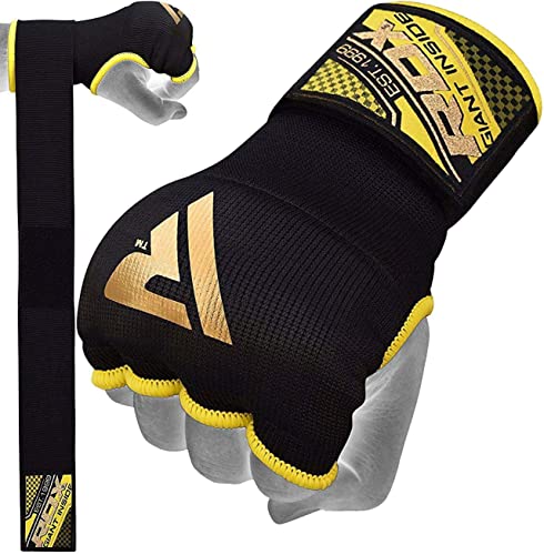 RDX Training Boxing Inner Gloves Hand Wraps MMA Fist Protector Bandages Mitts, Black Yellow, M