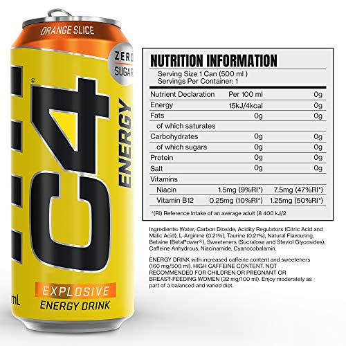 C4 Original Sugar Free Sparkling Energy Drink | Pre Workout Performance Drink with Caffeine| Orange Slice 500mL (Pack of 12)