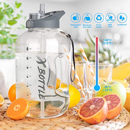 3.78L Large Water Bottle with 2 in 1 Straw & Chug Lid - Dishwasher Safe & Time Marker Motivational Gallon Water Bottle BPA Free - Durable Handle Easy Carry for Gym,Sports,Camping, Office, Home