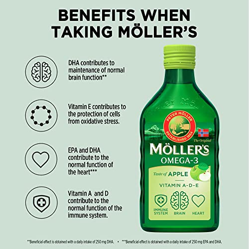 Moller’s ® | Omega 3 Cod Liver Oil | Omega-3 Dietary Supplements with EPA, DHA, Vitamin A, D and E | Superior Taste Award | Pure & Natural cod Liver Oil | 166 Year Old Brand | Apple | 250 ml