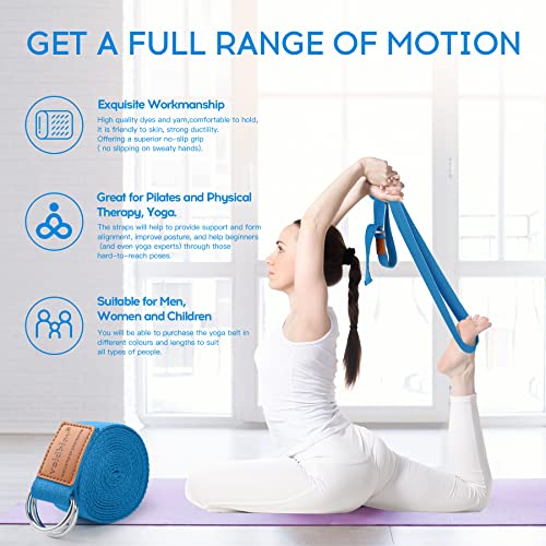 voidbiov D-Ring Buckle Yoga Strap 1.85 or 2.5M, Durable Cotton Adjustable Belt Perfect for Holding Poses, Improving Flexibility and Physical Therapy Lake Blue