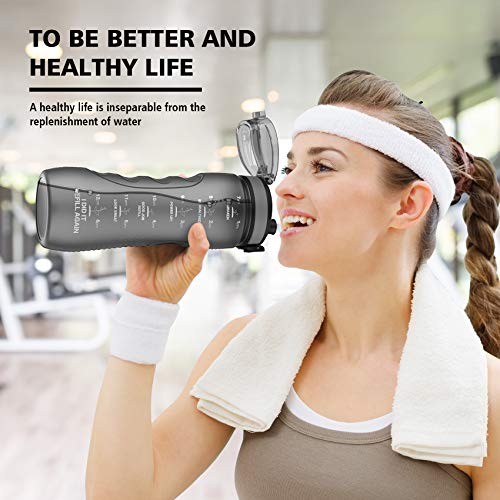 Sports Water Bottle 800ml, BPA Free Tritan Plastic with Motivational Time Marker & Fruit Infuser Filter，Leakproof,1 Click Open,Kids,Adults,Gym,School,outdoor Sport,Cycling