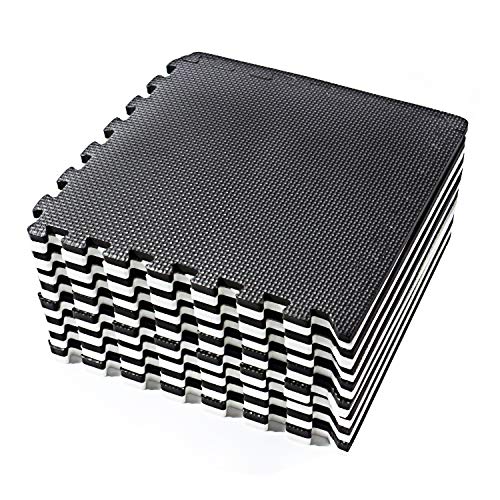 Interlocking Foam Floor Mats - Exercise Mat - Puzzle Mats With Borders - Black And White Rug - 16 Eva Foam Mats 1' x 1' x 3/8