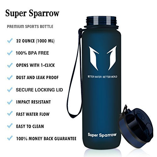 Super Sparrow Sports Water Bottle - 350ml & 500ml & 750ml & 1000ml - Non-Toxic BPA Free & Eco-Friendly Tritan Co-Polyester Plastic - For Running, Gym, Yoga, Outdoors and Camping