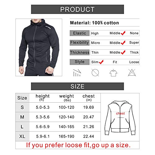 Broki Mens Gym Zip Hoodie Sweatshirts, Workout Bodybuilding Fitted Muscle Slim Fit Hoody Jacket with Pockets (Casual Black, XX-Large)