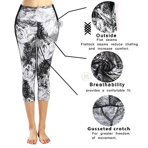 Sugar Pocket Womens Yoga Capris Running Printed Pants Workout Legging Tummy Control with Side Pocket L