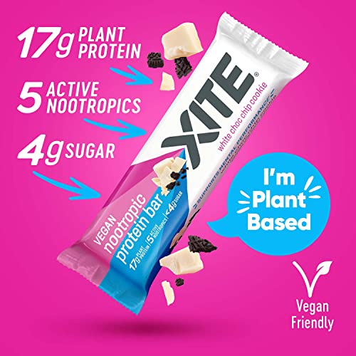XITE Protein Bars - Vegan Nootropic Healthy Snacks for Adults - Lions Mane, Zinc, Choline & Bacopa Monnieri for Energy, Recovery & Brain Focus - Gluten Free White Chocolate Chip Cookie, Pack of 12
