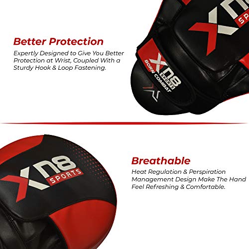 XN8 Boxing Pads MMA Focus Mitts- Adjustable Strap Curved Hook and Jab Hand Padded Target Strike Shield Great for Punching- Martial Arts-Muay Thai Training-Kickboxing-Karate Red
