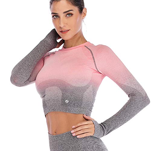 Leoyee Seamless Gradient Gym Tights Sports Shirts Yoga Tops for Women Running Workout Long Sleeve T-Shirt Tops