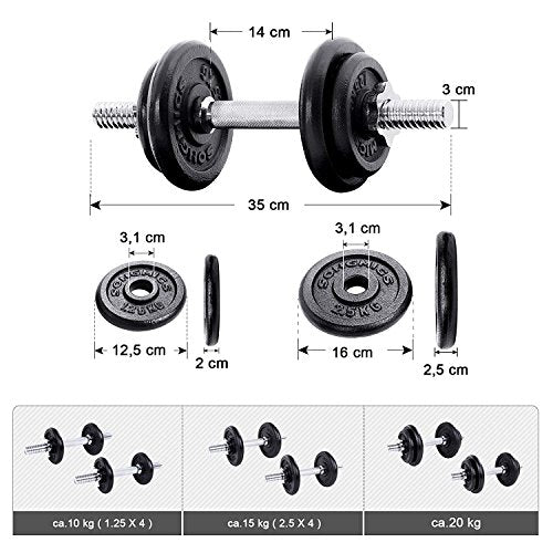 SONGMICS Unisex_Adult cast Iron Dumbbell Bars knurled with Star Collars Set of 2 20 kg 30 kg 40 kg 50 kg 60 kg, 2 x 10 kg SYL20T, 35 x 16 x 16 cm