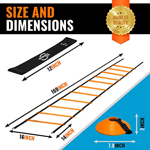 Invincible Fitness Agility Ladder Training Equipment Set, Improves Coordination, Speed, Power and Strength, Includes 10 Cones, 4 Hooks and 3 Loop Resistance Bands for Outdoor Workout (Orange)