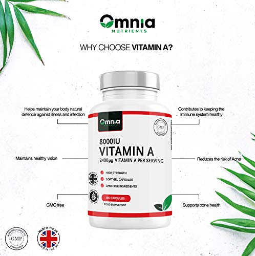 Vitamin A 8000 IU for Healthy Immune System, Healthy Skin and Normal Vision |180 High Strength Softgel Capsules | 2400 μg Per Serving | Made in The UK by Omnia NUTRIENTS