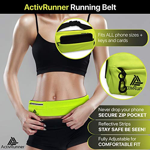 ActivRunner Running Belt with Adjustable Waistband, Large Zip Pocket for Phone, Secure Clip for Keys, Reflective. Perfect Waist Pack for Running, Gym Workouts, Cycling. Suitable for Men and Women