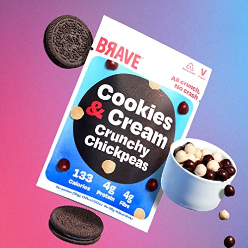 BRAVE Roasted Chickpeas: Cookies & Cream - Delicious Healthy Snacks - Vegan, Dairy-Free - Source of Plant Protein & Fibre - Lower Sugar - Plant-Based - Box of 12 Packs (30g Each)