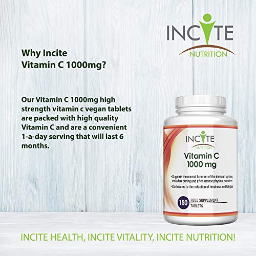 Vitamin C 1000mg | 180 Premium Tablets (6 Month’s Supply) | High Dose Quality Ascorbic Acid | Suitable for Vegetarian & Vegans| Made in The UK by Incite Nutrition®