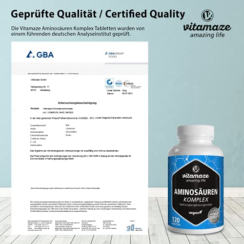 Amino Acid Complex high Dosage & Vegan, 120 Tablets with 8 Essential Amino acids, Natural Food Supplement Without additives