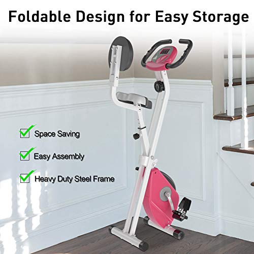 HOMCOM Magnetic Resistance Exercise Bike Foldable w/LCD Monitor Adjustable Seat Heart Rate Monitors Food Straps Foot Pads Home Office Fitness Training Workout - Pink