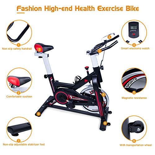 EVOLAND Indoor Exercise Bike Magnetic Exercise Bike LCD Display Spinning Bike with Unlimited Resistance Kettle Holder Adjustable Seat Black Gym Store