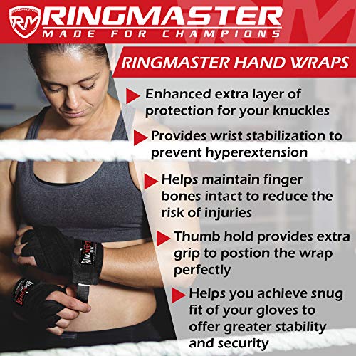 Ringmaster Boxing Hand Wraps Knuckle Protection Thumb Loop MMA Kickboxing Muay Thai Martial Arts Inner gloves mitts Gym Fitness (Black, 5.0)
