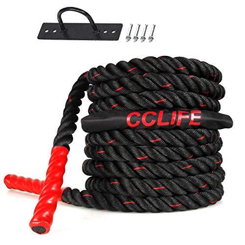 CCLIFE Battle Ropes Fitness Exercise Battle Rope Strength Training Rope Poly Dacron Battle Rope Undulation - Battle Rope Anchor Included 9/12/15M, Size:9m black-red ropes. with Anchor