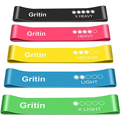 Gritin Resistance Bands, [Set of 5] Skin-Friendly Resistance Fitness Exercise Loop Bands with 5 Different Resistance Levels - Free Carrying Case Included - Ideal for Home, Gym, Yoga, Training