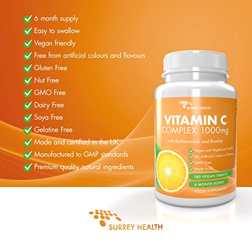 Vitamin C 1000mg with Bioflavonoids and Rosehip - 180 Vegan Tablets - 6 Month Supply - Made in The UK by Surrey Health