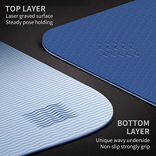 CAMBIVO Large Yoga Mat (213 x 81 x 0.6cm), Extra Long Wide Non Slip TPE Gym Mats with Carrying Strap for Exercise, Fitness, Workout, Pilates (Blue/Light Blue)