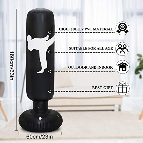 TUOWEI Inflatable Punching Bags, 63 Inch Boxing Pedestal Punching Bag,Freestanding Fitness Punching Bag Reflex Punching Bag for Adults,Kids (Black)