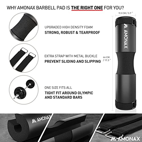 AMONAX Barbell Squat Pad, Extra Thick Foam Padding for Neck & Shoulder Support, Heavy Duty Gym Fitness Workout Cover for Women Hip Thrusts, Weight Lifting and Heavy Weight Squats (Black)