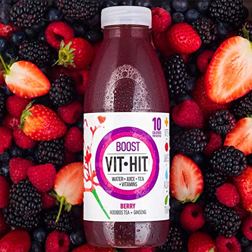 VIT HIT Boost - 12 x Berry + Ginseng + Rooibos Tea | Vegan, Low Sugar, Low Calories, Vitamin Drink | 100% RDA of 8 Vitamins (500ml x 12 Bottles)