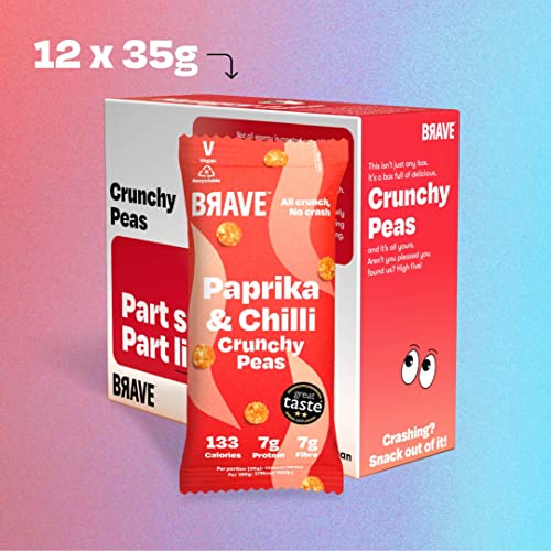 BRAVE Roasted Peas: Paprika & Chilli - Delicious Healthy Snacks - Vegan - High in Plant Protein & Fibre - Low Calorie - Plant-Based - Box of 12 Packs (35g Each)