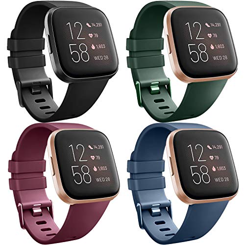[4 Pack] Straps compatible with Fitbit Versa 2, Fitbit Versa, Versa Lite/SE, Classic TPU Silicone Sport Adjustable Replacement Accessories for Women/Men, Small/Large (Black/Blue/Green/Wine red, Small)