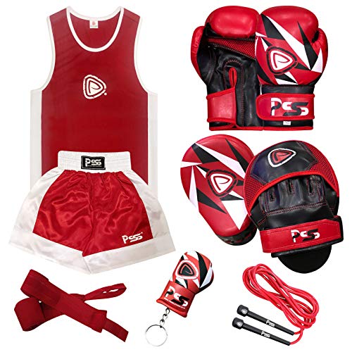 Kids boxing 6 pcs set uniform top & short Boxing gloves Red 1021 Focus Pad Red 1109 Wrap-Rope-key chain Professional accessories kit for sparring sports – 4OZ (1109 Red, 7-8 Year)