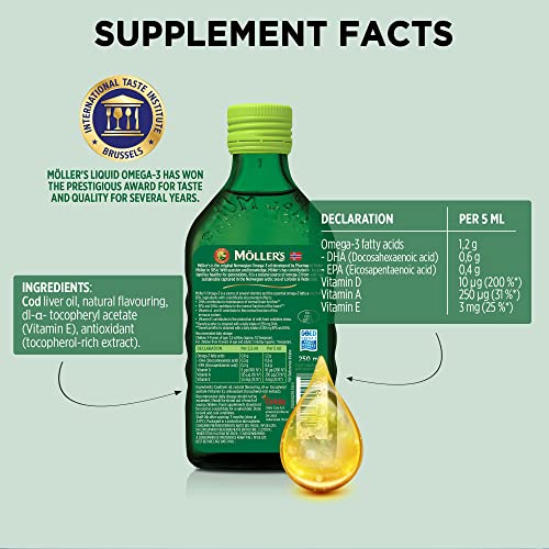 Moller’s ® | Omega 3 Cod Liver Oil | Omega-3 Dietary Supplements with EPA, DHA, Vitamin A, D and E | Superior Taste Award | Pure & Natural cod Liver Oil | 166 Year Old Brand | Apple | 250 ml