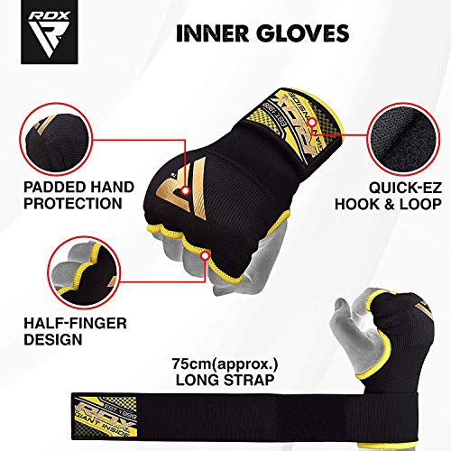 RDX Training Boxing Inner Gloves Hand Wraps MMA Fist Protector Bandages Mitts, Black Yellow, M