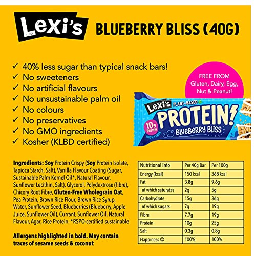 Lexi's® Plant-Based Protein Crispy Bar | Vegan & Gluten Free | High Fibre | Low Calorie Healthy Snack | Dairy Free, Nut Free, No Sweeteners | Blueberry & Vanilla (12 x 40g)