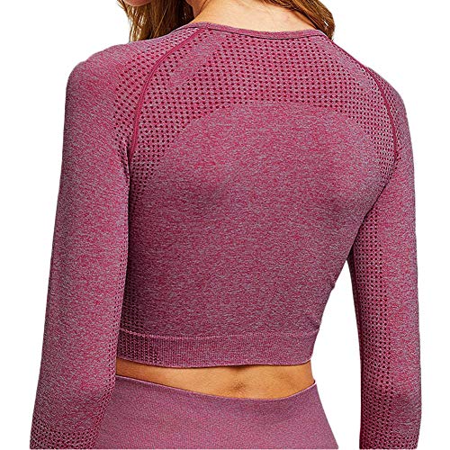 SotRong Women Jacquard Seamless Workout Crop Top Long Sleeve Dots T-Shirts Yoga Top Gym Lounge Wear Running Sports Fitness Tights Tees with Thumb Hole Wine Red S