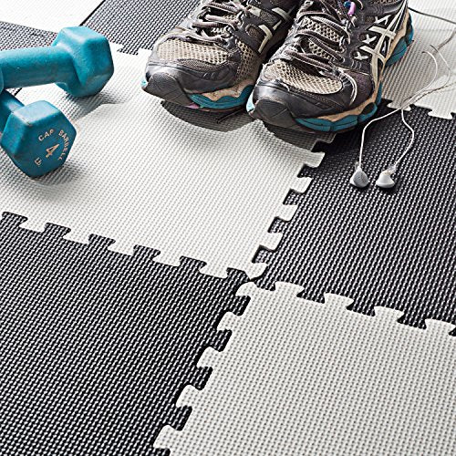 Interlocking Foam Floor Mats - Exercise Mat - Puzzle Mats With Borders - Black And White Rug - 16 Eva Foam Mats 1' x 1' x 3/8