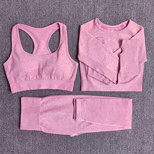 DONYKARRY 3Pcs Women Seamless Sportswear Sets, Long Sleeve Bar Pants Yoga Workout Sportswear Gym Crop Suits Top with Thumb Hole Fitness