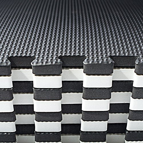 Interlocking Foam Floor Mats - Exercise Mat - Puzzle Mats With Borders - Black And White Rug - 16 Eva Foam Mats 1' x 1' x 3/8