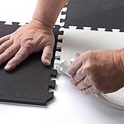 Interlocking Foam Floor Mats - Exercise Mat - Puzzle Mats With Borders - Black And White Rug - 16 Eva Foam Mats 1' x 1' x 3/8