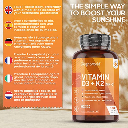 Vitamin D 4000 IU and Vitamin K2 100μg MK7-180 Vegetarian Micro Tablets (6 Month Supply) - High Strength Vitamin D Nutrition Supplement, Natural Calcium Boost, Immune Support, Skin Health - UK Made