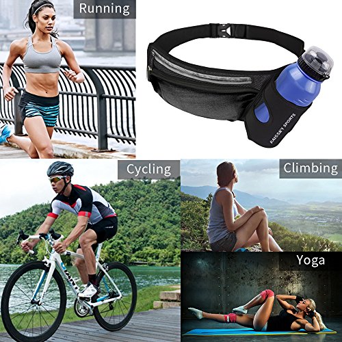 Running Waistpack with Water Bottle Holder, Fitness Waterproof Waist Belt Bag for Running, Cycling, Travelling, Hiking and Bum Bag Workout Pouch for iPhone Samsung Smartphones(No bottle)- Black