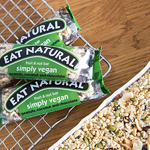 Eat Natural Simply Vegan Peanuts, Coconut & Chocolate — 12 x 45g Snack Bars 45g, Gluten Free Snacks — Dark Chocolate, Peanuts, Toasted Coconut & Blossom Nectar — High Fibre Cereal Bars — Vegan