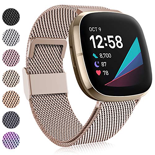 Faliogo Compatible with Fitbit Versa 3 Strap/Fitbit Sense Strap, Adjustable Stainless Steel Metal Replacement Strap Wrist Band with Magnet Lock for Fitbit Versa 3/Sense, Small Vintage Gold
