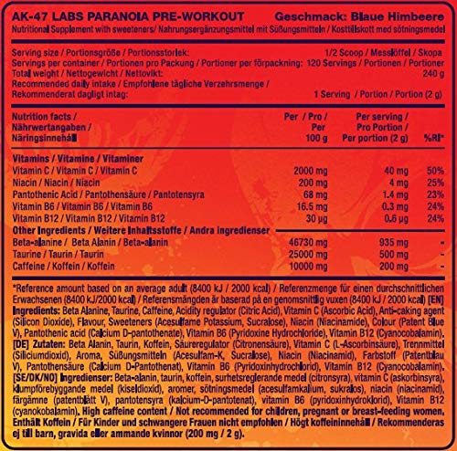 AK-47 Labs Paranoia Pre - Workout Energy Drink Powder with Beta Alanine, Caffeine, Niacin, Taurine, Vitamin C and Vitamin B Complex 240g / 30 Servings | Red Berry