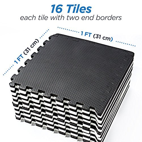 Interlocking Foam Floor Mats - Exercise Mat - Puzzle Mats With Borders - Black And White Rug - 16 Eva Foam Mats 1' x 1' x 3/8